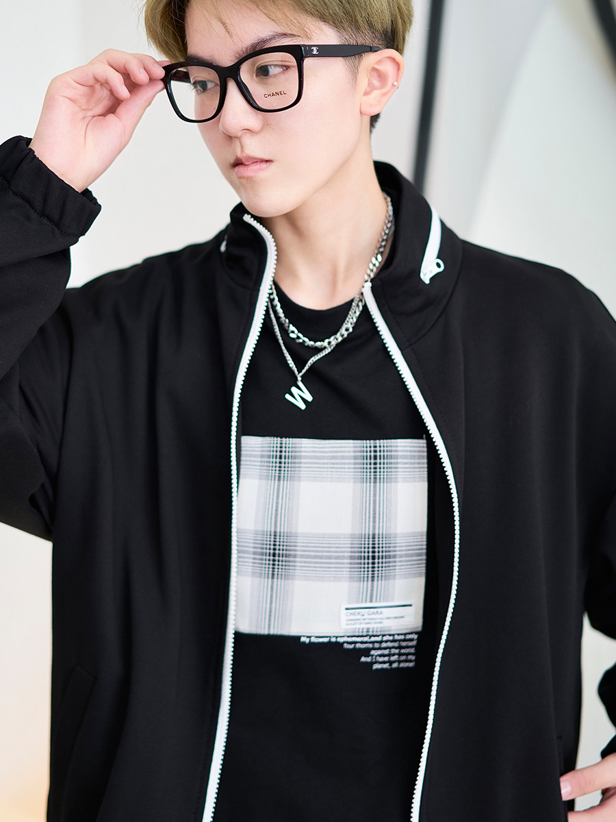 cookawu秋季毛圈运动黑白撞色基础短款夹克xs短外套