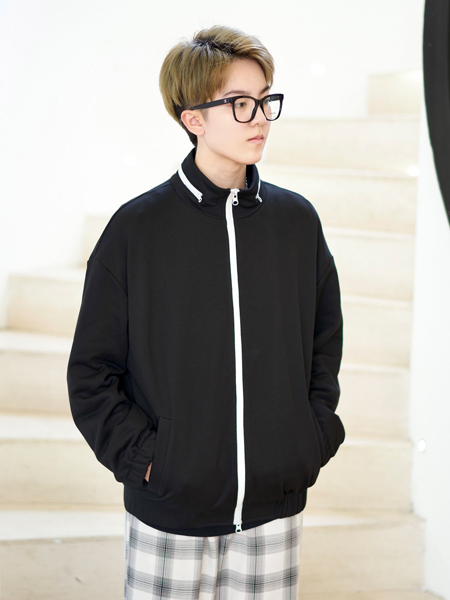 cookawu秋季毛圈运动黑白撞色基础短款夹克xs短外套