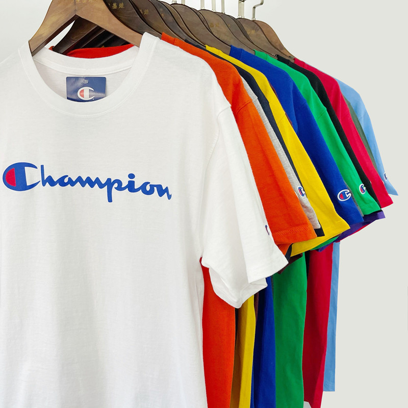 新品美版 Champion草写 logo 短袖 大字母印花男女情侣t恤 潮牌夏