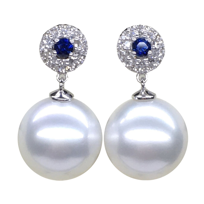 澳白珍珠耳环18k镶钻石蓝宝石12-13mm正圆冷白色海水南洋白珠耳钉