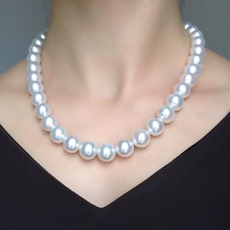 白珍珠项链10123mm正圆透亮白透粉色海水南洋白珠整颈饰