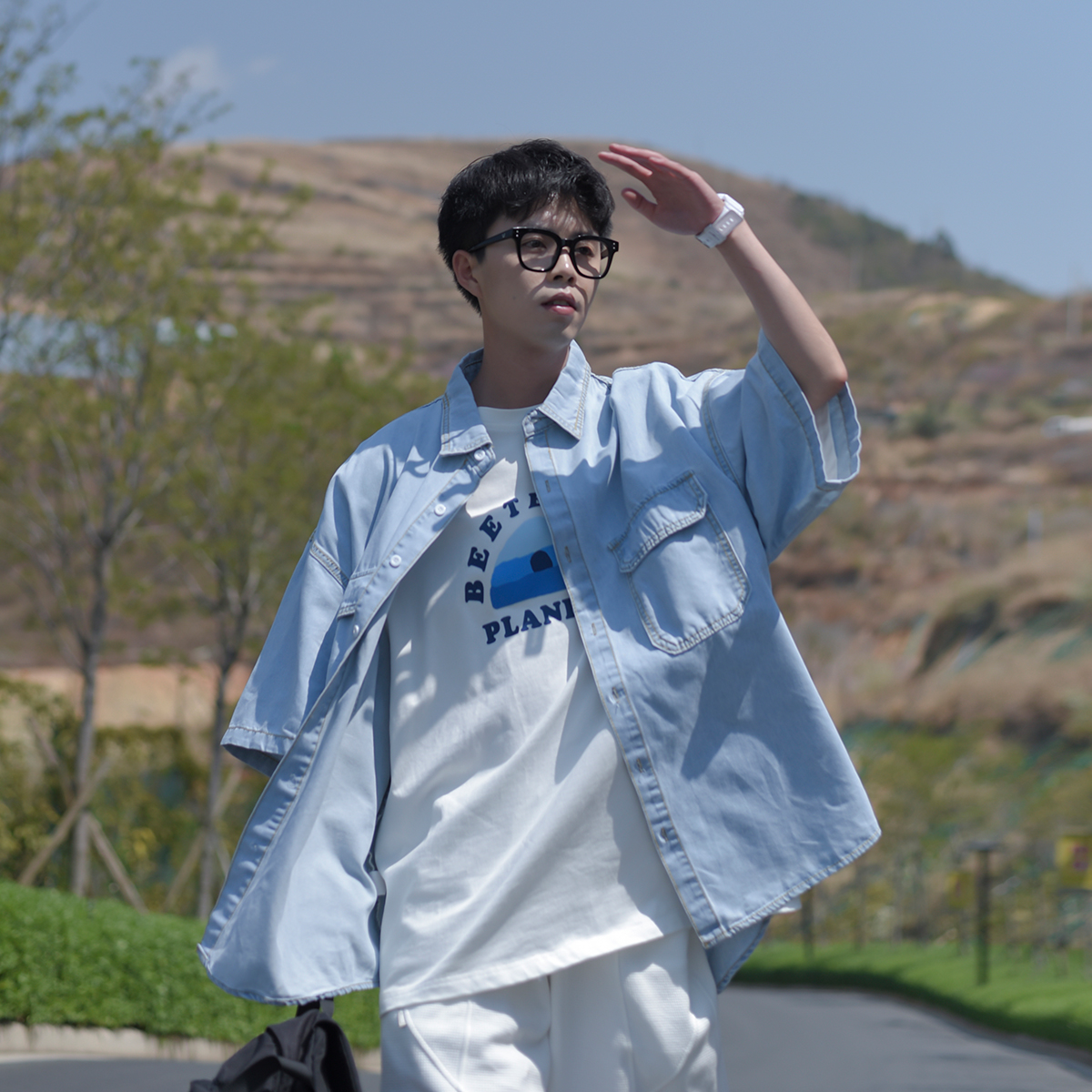 夏季日系复古牛仔短袖衬衫男士韩版潮流ins百搭帅气宽松半袖衬衣