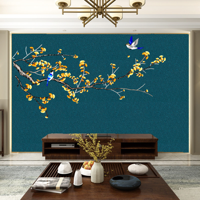 独绣电视新款中式现代简约刺绣独秀背景墙无缝银杏无缝墙布