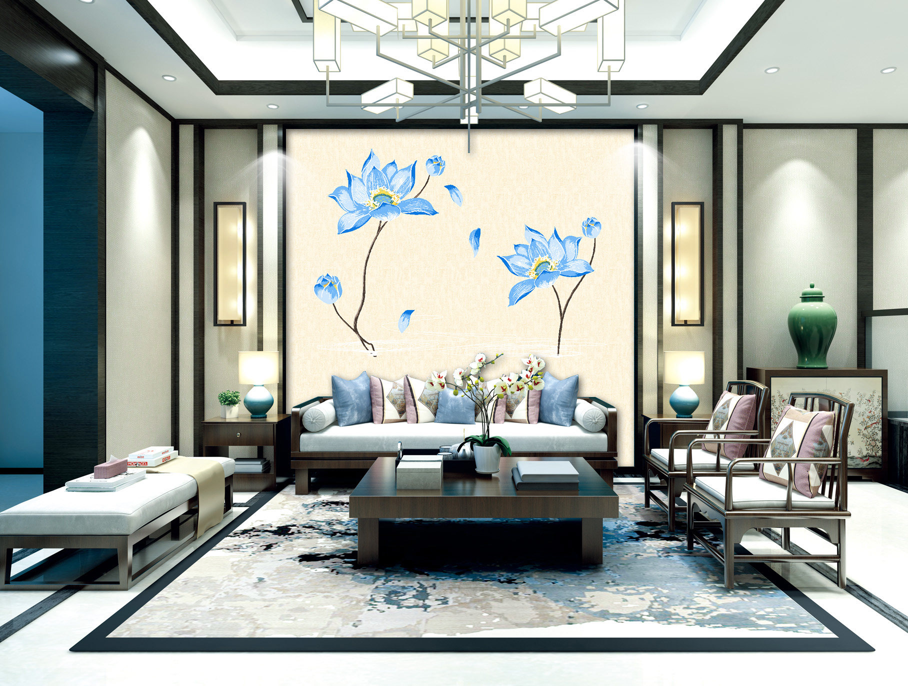 独绣墙布独秀荷花新款意境客厅刺绣壁布现代无缝墙布