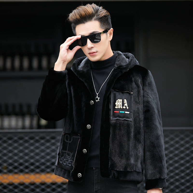 原创新款貂皮大衣男整貂休闲扣连帽时尚个性水貂皮草男外套潮