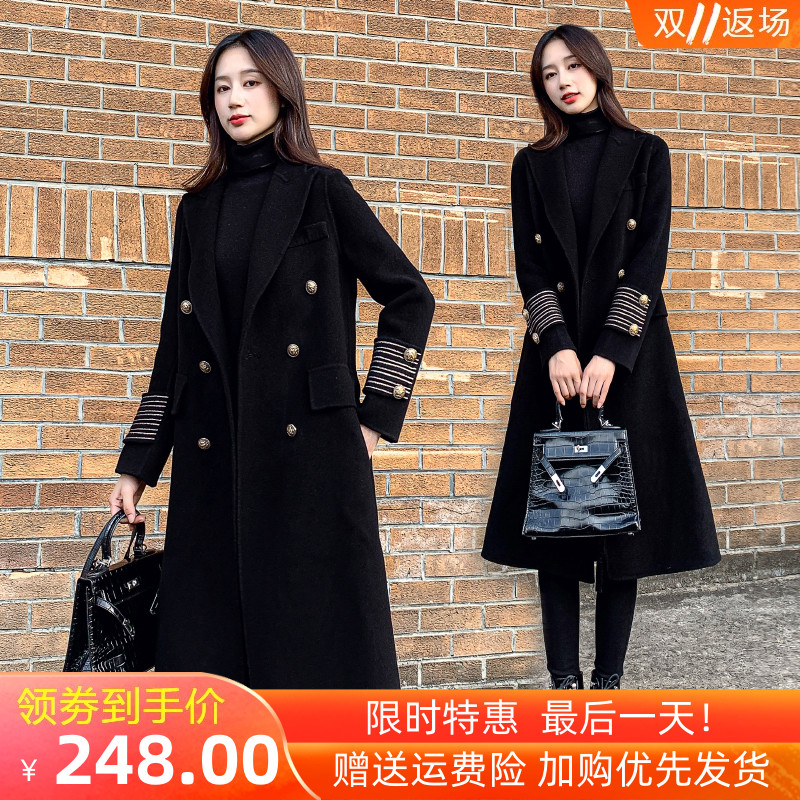 黑色呢子大衣女中长款过膝2021年冬季新款气质显瘦英伦风毛呢外套