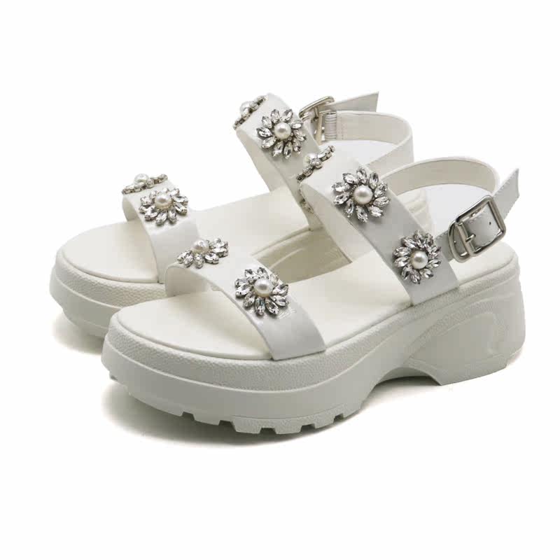 爱希夏季新款水钻白色运动凉鞋厚底舒适露趾时装凉鞋