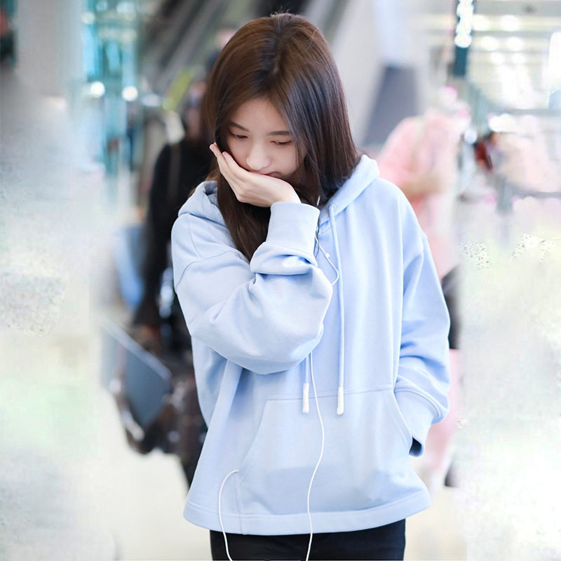 套头鞠婧祎同款卫衣蓝色连帽纯色秋季薄款宽松卫衣