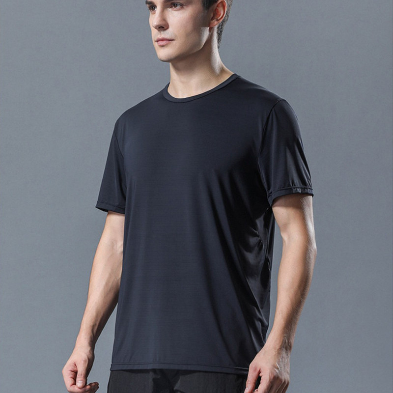 聚酯纤维锦纶氨纶男士夏季青少年纯色高弹黑色t恤