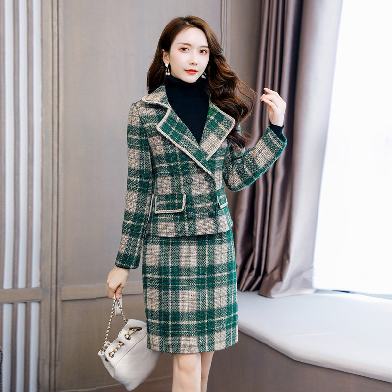 格子毛呢套装裙女2020秋冬新款韩版气质外套时尚套装