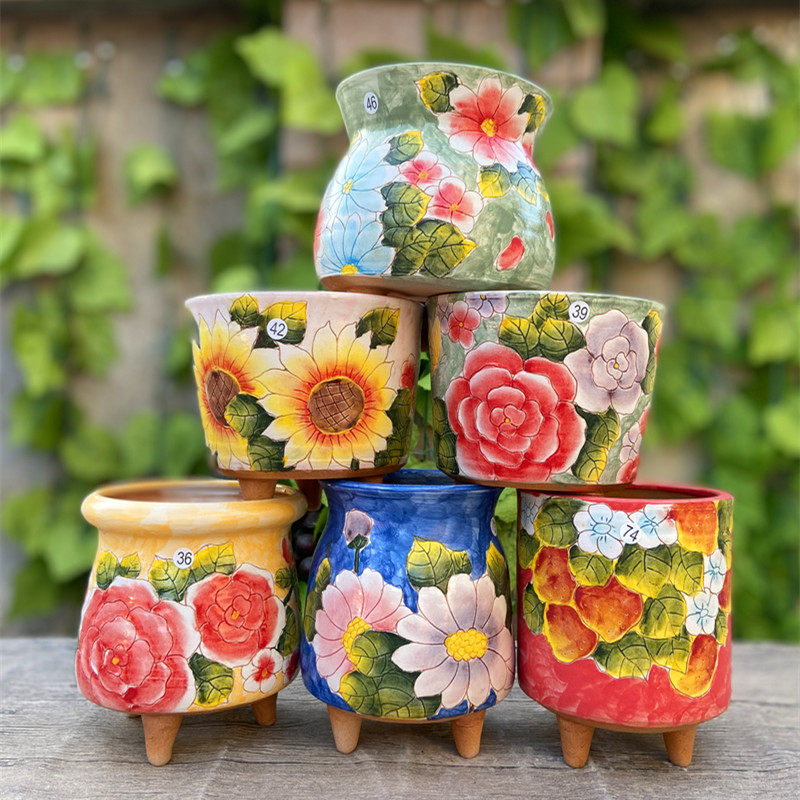 yixin吸水花盆黄泥透气手绘带脚植物多肉群生花盆