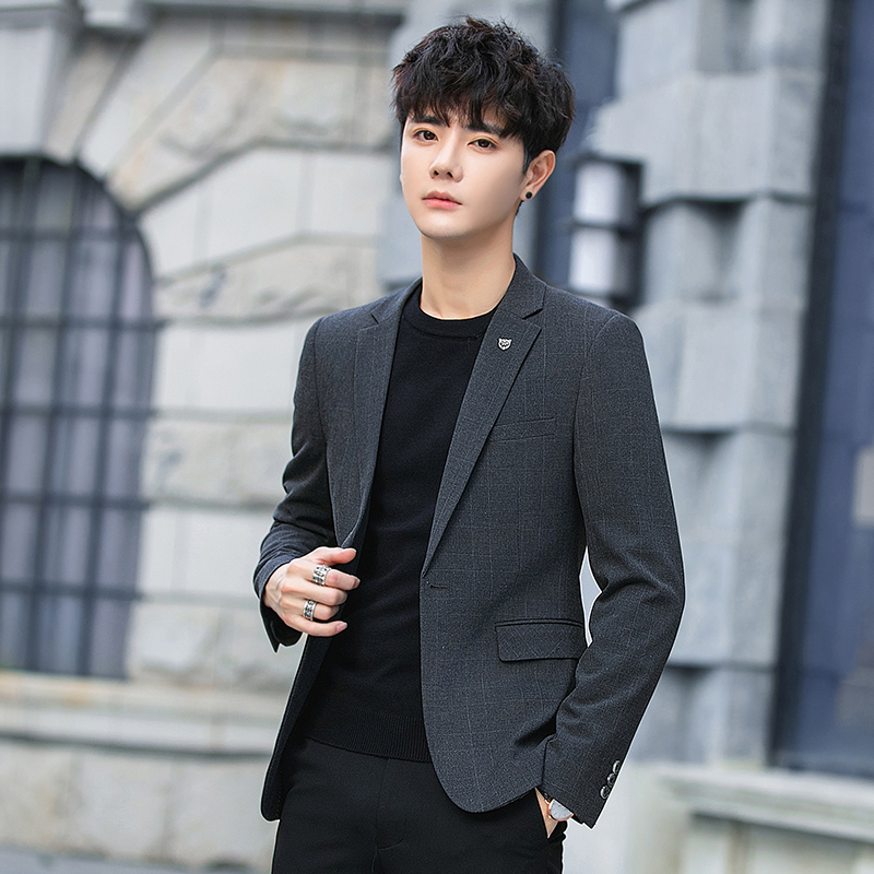 春秋季男士格子小西装韩版修身高级痞帅休闲西服套装外套单件上衣