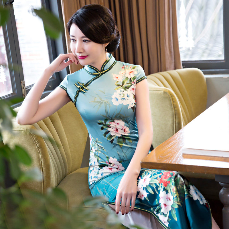 旗袍长款连衣裙新款真丝丝绸修身日常少女中长旗袍