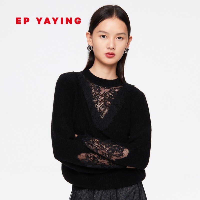 epyaying雅莹女装慵懒蕾丝拼接针织衫2021秋冬毛针织衫