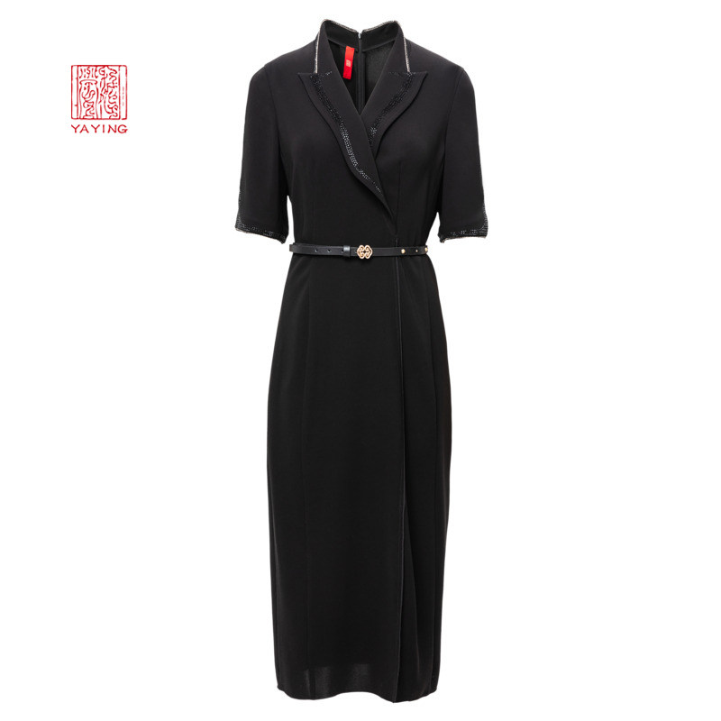 中国雅莹女装职场ol黑色醋酸收腰翻领连衣裙连衣裙