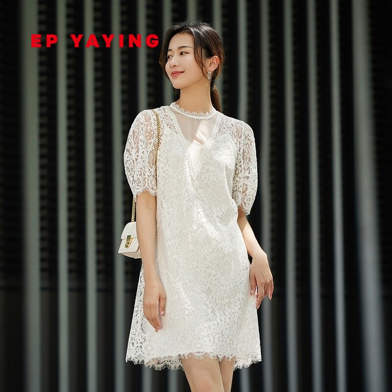 epyaying雅莹女装简约花朵蕾丝连衣裙2022夏装连衣裙