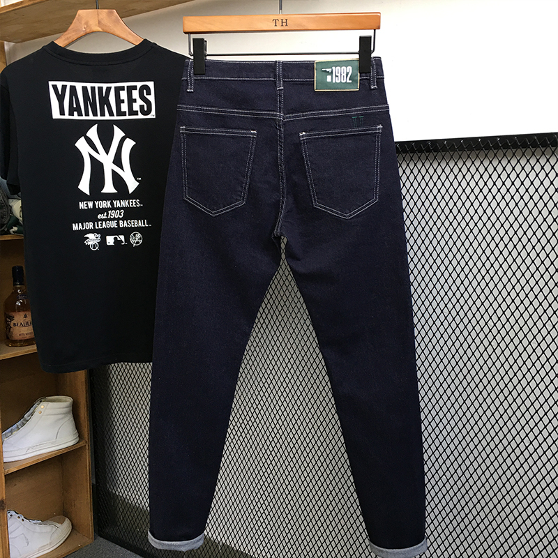 刺绣牛仔裤男秋季潮流韩版休闲弹力修身小脚印花深蓝色长裤秋冬款