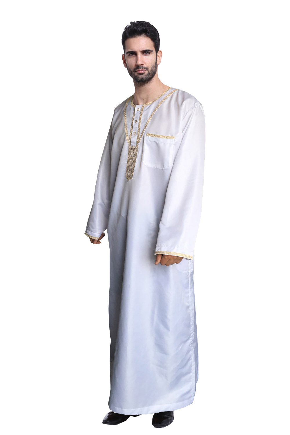 新款男士长袍加大mu斯林民族服装阿拉伯圆领礼拜民族服装