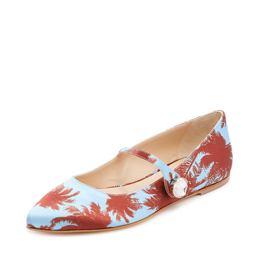 pollyplume2020春夏蓝色红色复古印花尖头亮钻钻饰单鞋