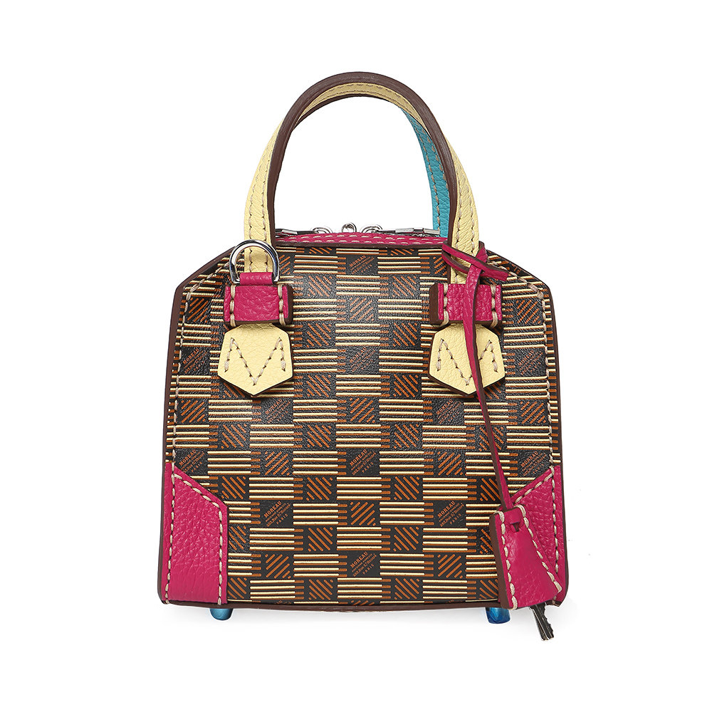 moreauparis经典款棕黄色牛皮拼接复古古格休闲通用款女包