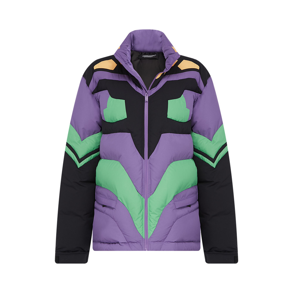 undercover紫色拼色趣味撞色女士短款羽绒服外套