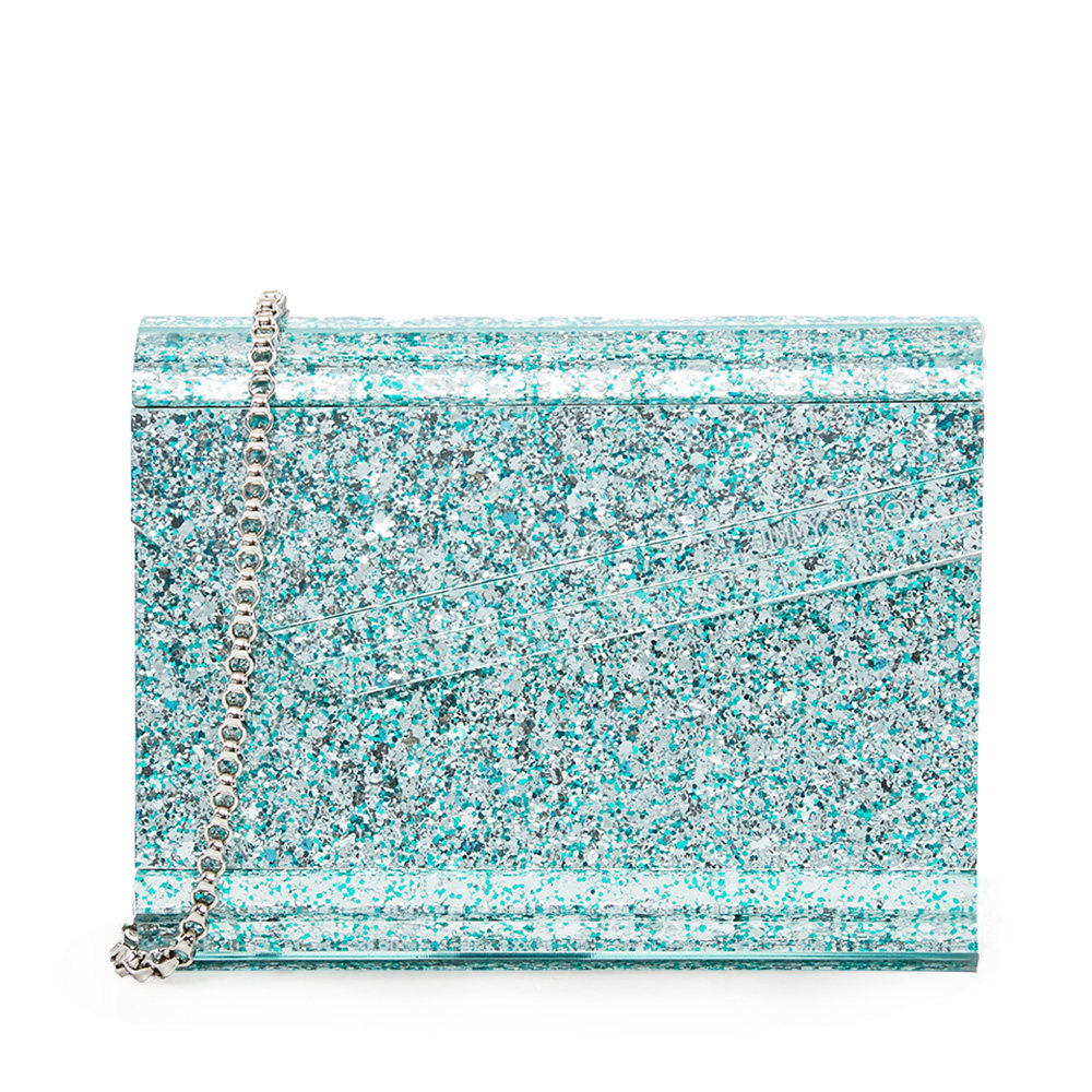 jimmychoo经典蓝绿色色亮片烫金logo女士信封封包通用款女包