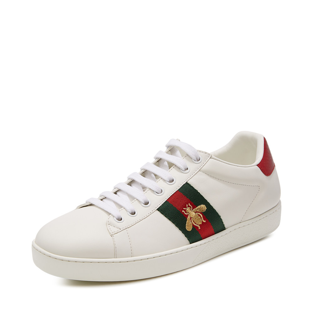 小白鞋 板鞋 gucci 古驰白色牛皮条纹蜜蜂饰女士系带休闲鞋 - 女性