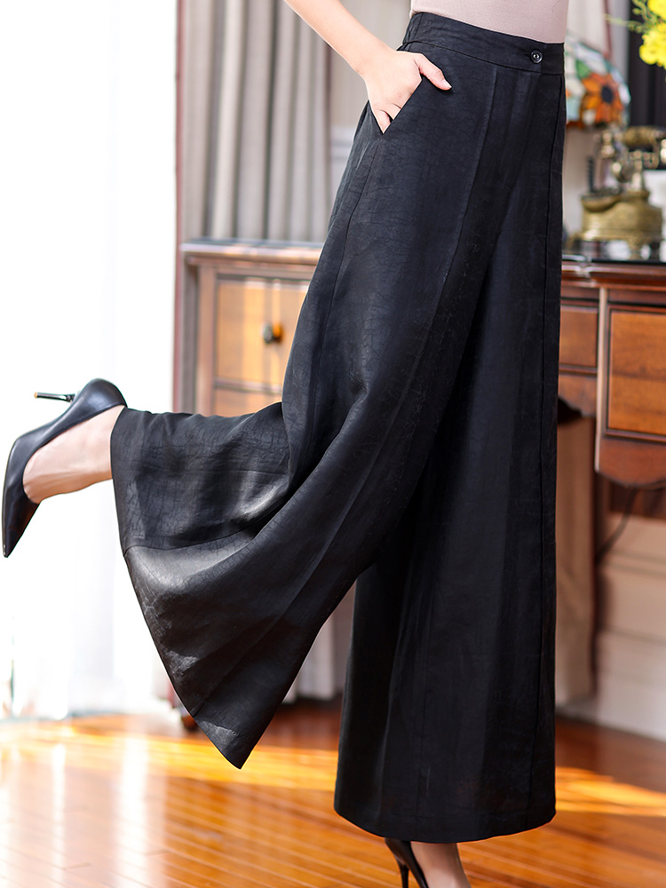 姆米重磅真丝香云纱阔腿裤裙裤九分黑色桑蚕休闲裤