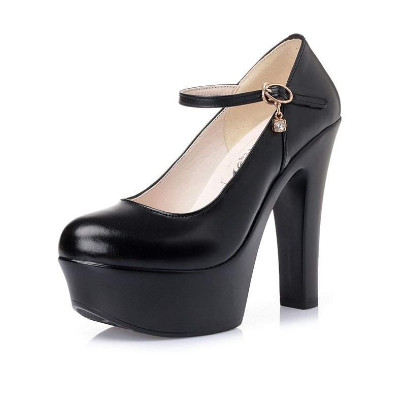 一字带高跟鞋女2021年新款旗袍走秀鞋防水台粗跟圆头真皮职业皮鞋训练