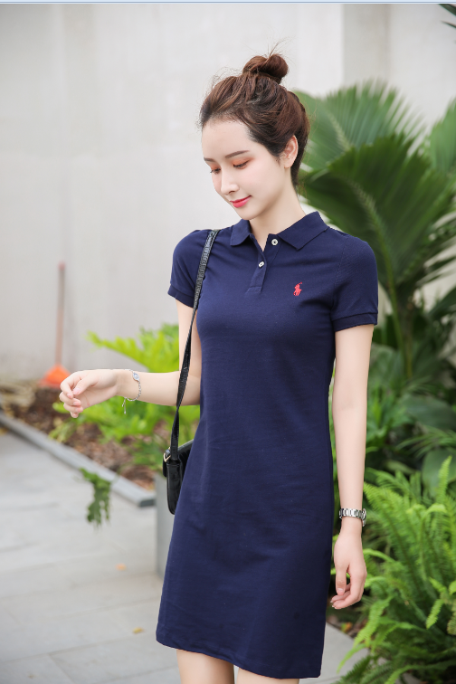 美女字裙纯色中长翻领女士polo连衣裙收腰显瘦连衣裙
