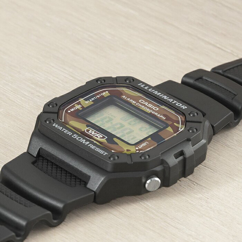 卡西欧手表casio w-218h-5b 户外运动时尚迷彩复古方块防水电子表-mc