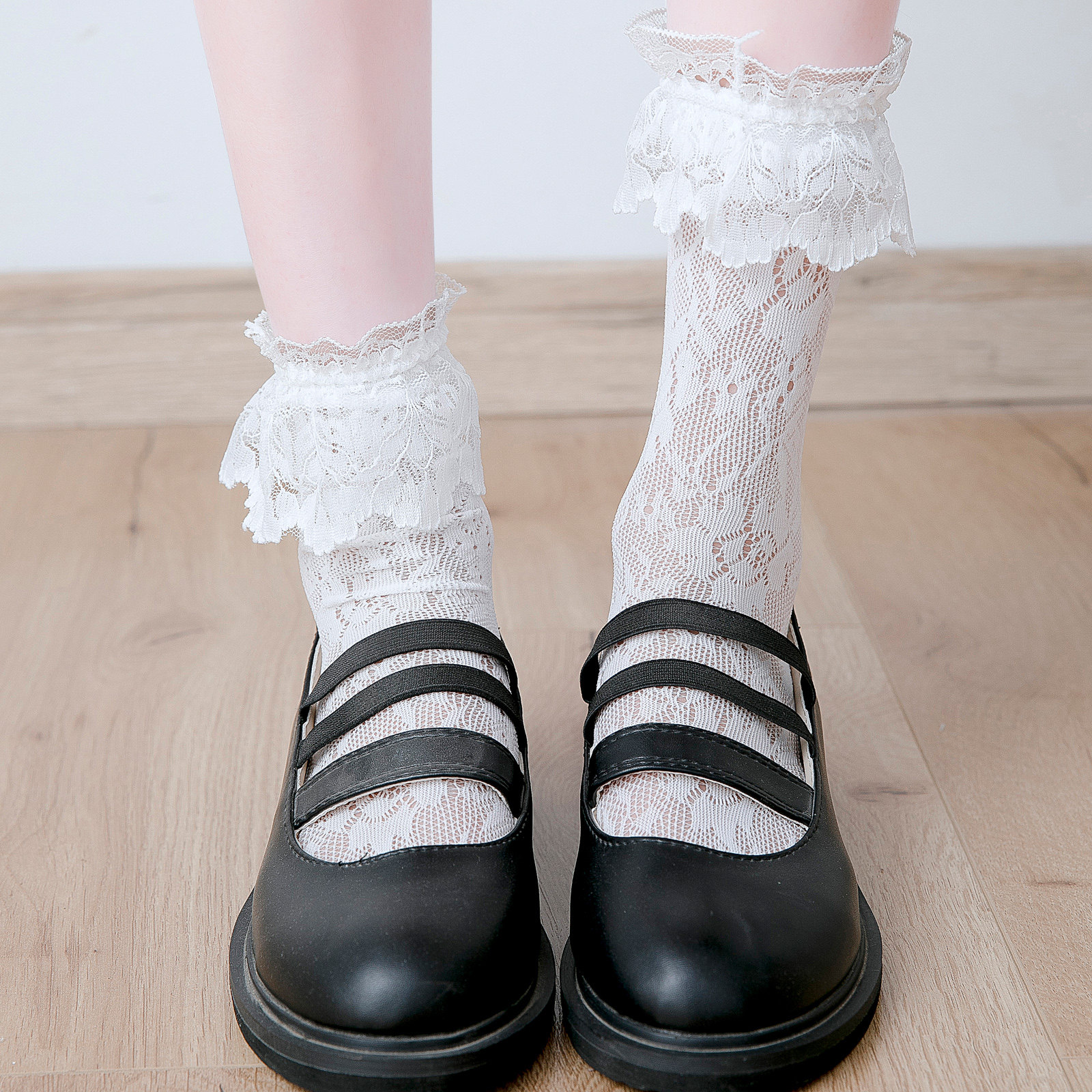 日系lolita洛丽塔袜子女中筒袜夏季黑色蕾丝花边堆堆袜短袜公主风