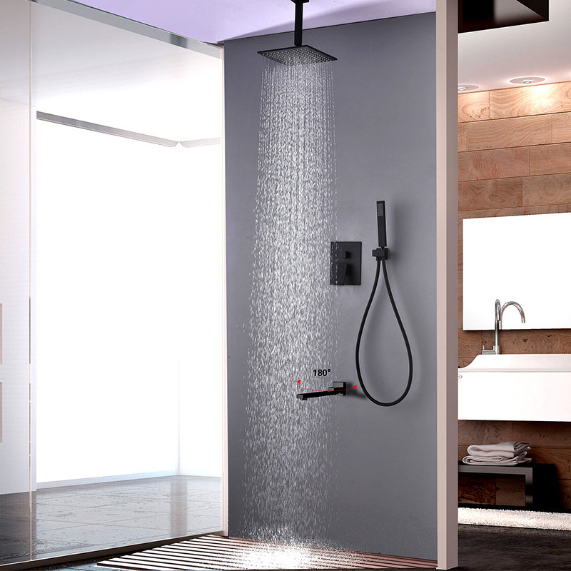 花洒柏利黑色天幕式暗酒店入墙淋浴冷热淋雨普通花洒套装