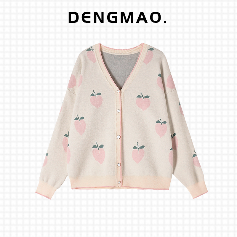 水蜜桃开衫外套女2022秋季新款宽松韩版上衣v领毛衣百搭针织衫