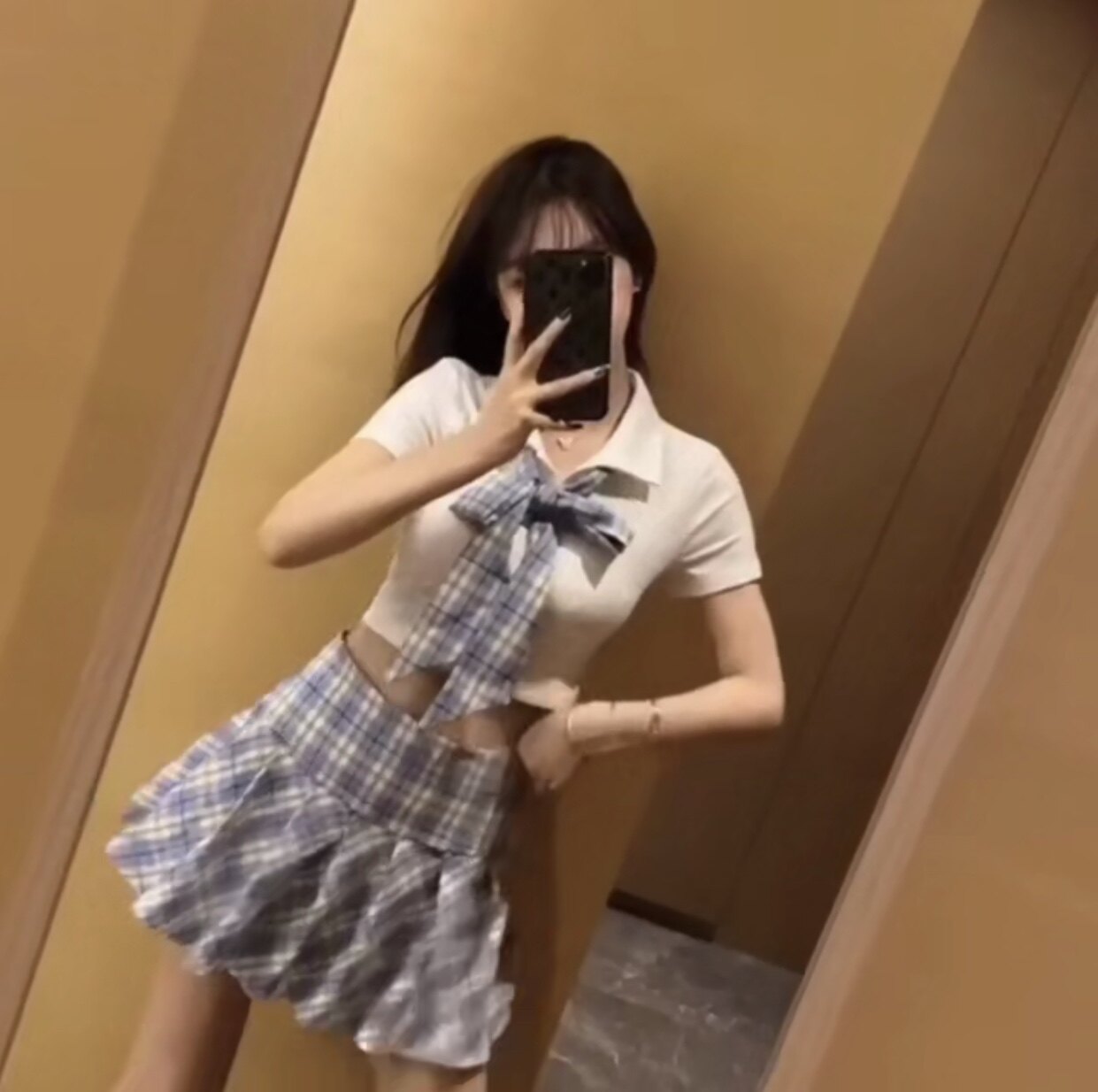 李蒽熙学院jk制服领带polo衫露上衣高腰百褶时尚套装