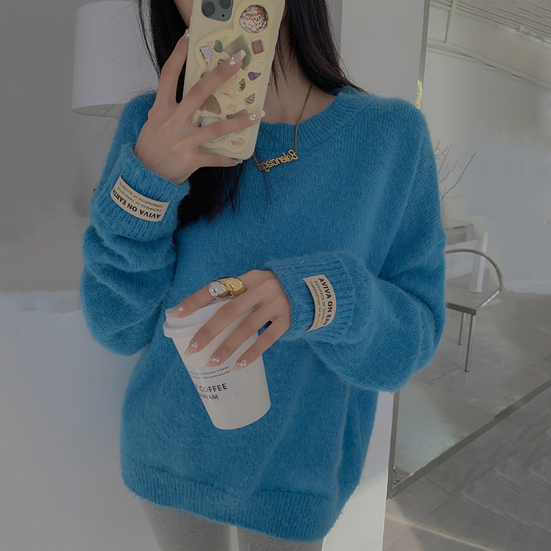 【地球店】软糯马海毛羊毛毛衣女春季百搭套头宽松圆领针织衫上衣