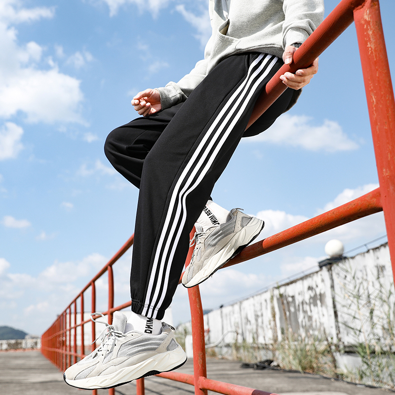 夏季运动裤男士纯棉束脚三道杠宽松卫裤薄款休闲长裤子潮侧边条纹