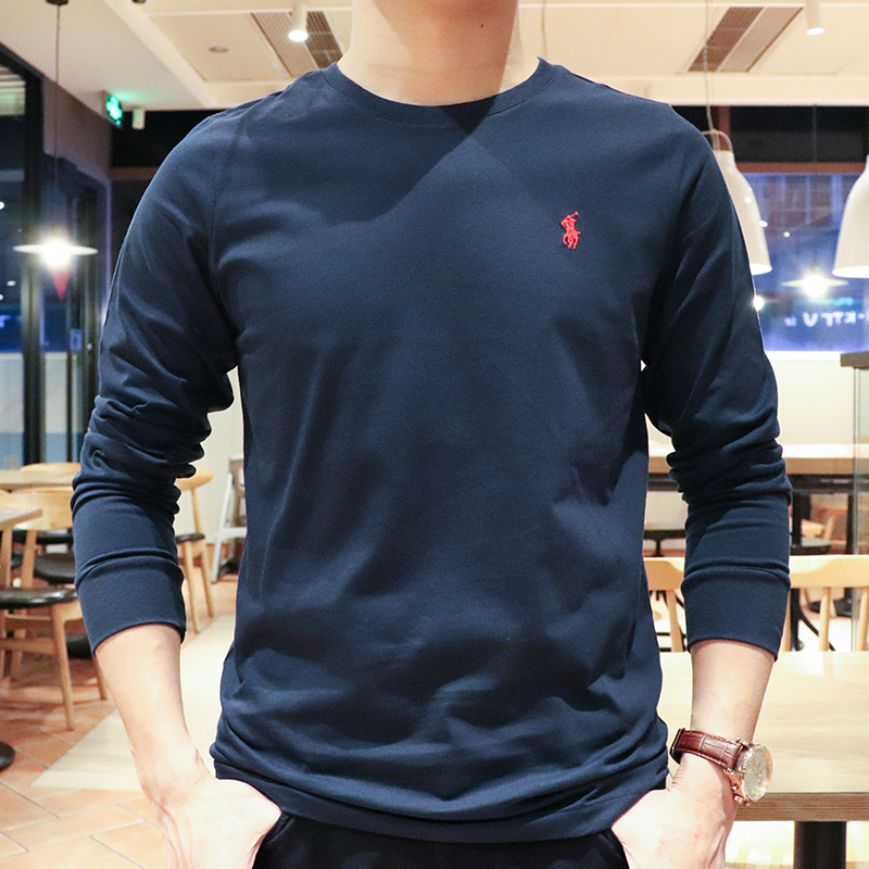 新款保罗T恤男圆领长袖纯棉修身白色小马标春秋polo上衣打底衫t恤