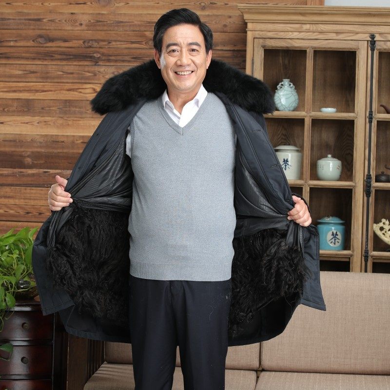 羊皮加长大衣皮袄真皮皮衣爸爸棉衣紫羔皮毛皮衣