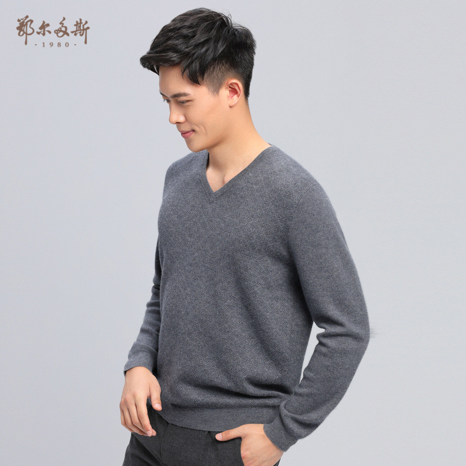 鄂尔多斯1980男装 秋冬精纺羊绒衫男士v领加厚毛衣 c186a0093