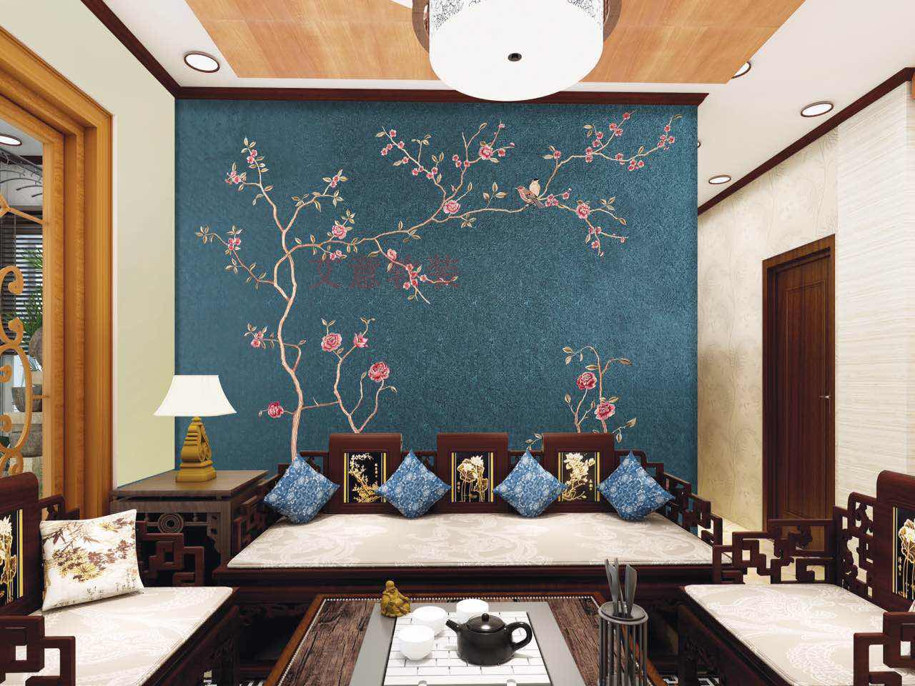 定制卧室品包新品包独绣苏绣壁布背景墙墙布新中式无缝墙布