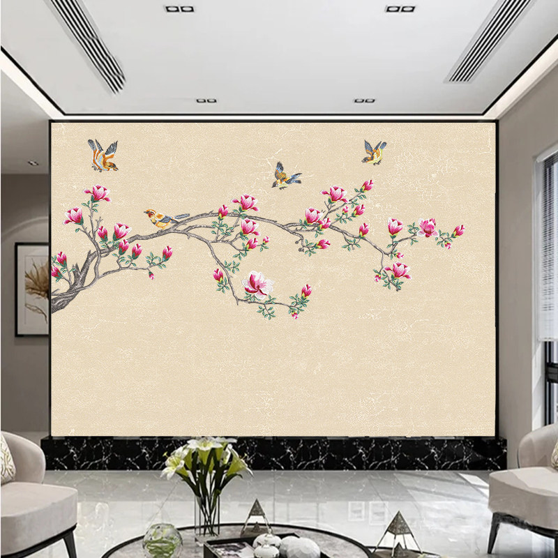 新款新中式简约客厅中式电视墙独秀花鸟壁布刺绣墙布