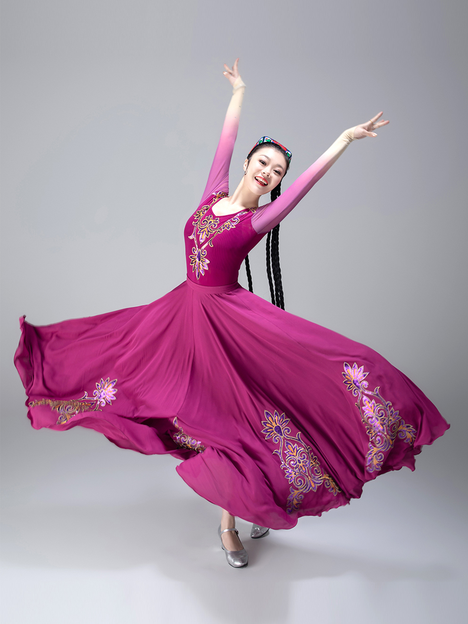 新疆维吾尔族舞蹈套装少数民族练习大摆练功裙成人艺考服民族服装