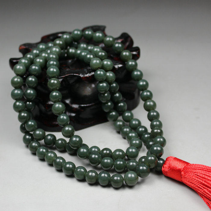 新疆和田青玉油润精雕108颗佛珠手链圆珠多圈手车挂