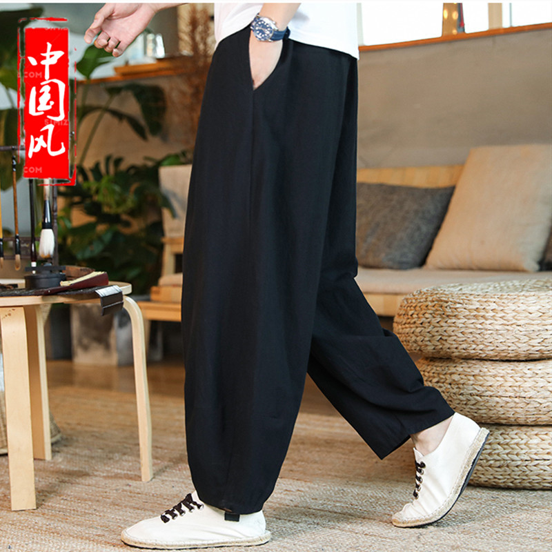 春夏亚麻裤男宽松中国风大码胖子阔腿裤大裆裤灯笼哈伦裤休闲长裤