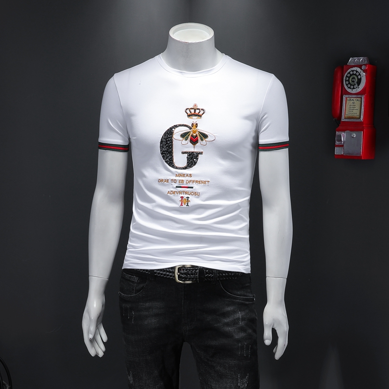2021新款欧洲站潮男刺绣短袖t恤夏季丝光棉修身个性男士打底衫潮