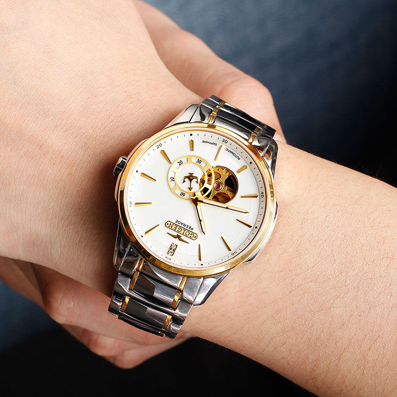 手表古尊正品机械表商务休闲男士镂空钢带男表国产腕表