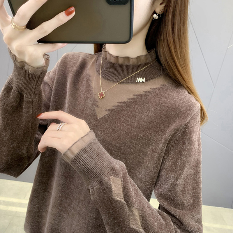 半高领蕾丝打底衫女内搭秋冬洋气新款长袖修身黑色毛衣针织衫上衣