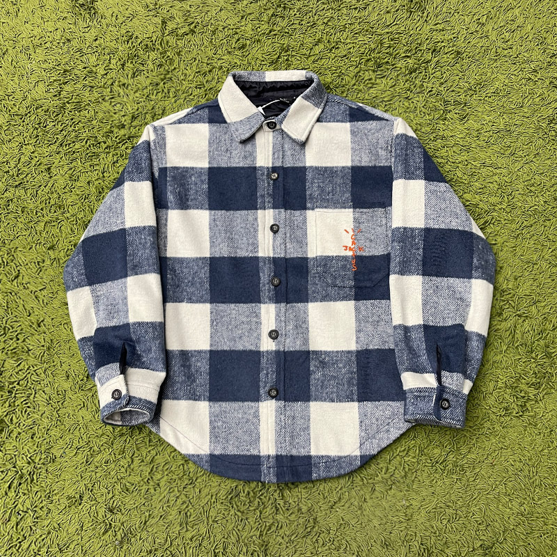 Travis Scott cactus Jack Shrt TS同款毛呢刺绣格子长袖衬衫夹克