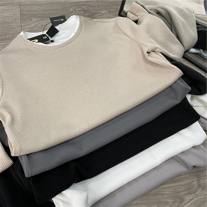 舒适透气高弹假两件全棉华夫格T恤男纯色百搭基础长袖打底衫汗衫